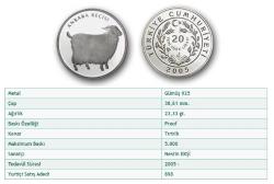 Türkiye’nin Hayvanları Serisi No.6 ''Ankara Keçisi'' 2005 (Gümüş) Darphane Hatıra Parası ''SERTİFİKALIDIR'