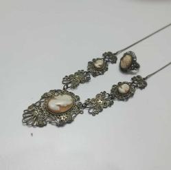 Antika Victorian Gümüş Kaplama Hakiki Shell Cameo Kolye ve Yüzük Set