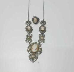 Antika Victorian Gümüş Kaplama Hakiki Shell Cameo Kolye ve Yüzük Set