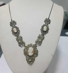 Antika Victorian Gümüş Kaplama Hakiki Shell Cameo Kolye ve Yüzük Set