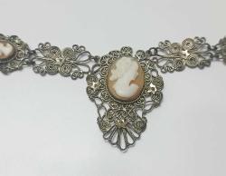 Antika Victorian Gümüş Kaplama Hakiki Shell Cameo Kolye ve Yüzük Set