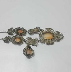 Antika Victorian Gümüş Kaplama Hakiki Shell Cameo Kolye ve Yüzük Set