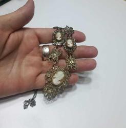 Antika Victorian Gümüş Kaplama Hakiki Shell Cameo Kolye ve Yüzük Set