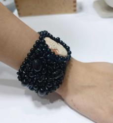 Vintage AMEDEO Hakiki Shell Cameo ve Siyah Oniks Taşlarıyla Elde Örülmüş Bilezik Bileklik