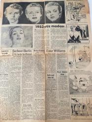 ZAFER GAZETESİ HAFTA SONU İLAVESİ DOĞUM GÜNÜ HEDİYESİ- 5 NİSAN 1953 - TURKİSH NEWSPAPER -Ester Williams-Ava Gardner-Deanna Durbin-Helene Curie-Greta Garbo-Silvana Mangano-Rita Gam-H. G. Wells-Jeanalı Charlotte-Mahir Canova-Kral Baudouin-Prenses Charlotte-Kraliçe Elizabeth-Said Günel- Ester Williams denizci oldu-Hayat bilginizi ölçün-Serbest Berlin Üniversitesi ve yaptığı mücadele-Yeni mayolar-Ava Gardner’ın şairlik tarafı-Deanna Durbin beyaz perdede-Paris’te gösterilen 400 asırlık sanat-Cinsi cazibe kraliçesi-Rita Gam için neler diyorlar-Kayıp kız kardeşini dans ederken buldu-Aşk incisi-Lüksemburg sarayındaki prensiye bir düğün töreni-Mahir Canova-Kraliçe Elizabeth’in taç töreni programı-1953 yüz modası-Seçme ecnebi karikatürleri