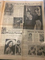 ZAFER GAZETESİ HAFTA SONU İLAVESİ DOĞUM GÜNÜ HEDİYESİ- 13 EYLÜL 1953 - TURKİSH NEWSPAPER -Prenses Margaret-Townsend-Lady Lilliput-Erol Flynn-Frank Capra-Cevat Fehmi Başkut-Savni Subaşı-Fred Astaire-Yvonne De Carlo-Rita Hayworth-Rhonda Fleming-Rosemary Clooney-Lana Turner-Colette Mars-Silvana Mangano-Galatea-Maryam-Anya-Mayer-Störup Prenses ve hava yarbayı-Dünyanın en kısa boylu kadını-24 saatlik ömrünüz kaldı-Hakimi huzuruna getiren adam-4 meşhur ve 4 fıkra-Tiyatro Opera sanatkârlarımız Savni Subaşı-Şarlodan sonra Fred Astaire de bir filmle mesleğe veda etti-Evlenmekten niçin kaçınmaktadırlar-Bir pazar hikayesi Balıkçının aşkı-Yvonne De Carlo Rita Hayworth’a harp açtı-Üç buutlu filmlerde yıldızlar değişiyor-Dünkü çocuk bugünkü yıldız Rhonda Fleming-Hollywood’un yeni Valentino’su-Milletlere göre değişen oyun tarzı-Eğlenceli fıkralar-Kim olduğumuzu biliyor musunuz-Artistlerin isimleri-Yazısız-Yapayalnız kaldık-Venü evli selamlaşması-Su klarnet öğrenmek başka yer bulamaz mıydın-Yaa demek