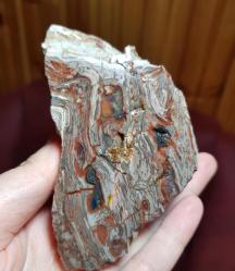 Rengarenk Taşlaşmış Ağaç Dilimi: Kırmızı Bantlı Opalize Petrified Wood Akik - Ağırlık: 522g - Benzersiz Koleksiyonluk Nadir Parça Kütle