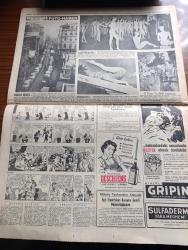 Hürriyet Gazetesi - Turkish Newspaper - 8 Mart 1955 - Trikotaj sanayii haftada ancak 3 gün çalışabiliyor - Cumhurreisi Celal Bayar ve bayan Reşide Bayar dün akşam Kral 2. Faysal şerefine verdiği ziyafette fotoğraf - hafif bir rahatsızlık geçiren Celal Bayar Dün öğleden önce istirahat etti - Tops darlığını gidermek üzere yer fıstığından tops yapılacak - üzerlerine kadın erkek adları yazıldıktan sonra denize atılan kaşıklar fotoğraf - Hüseyin Cahit Yalçın için af veya tahliye ihtimali yok - Türk Irak paktı orta şark tarihinde yeni fasıl açtı harita - kadın satılmaz filmi şan sinemasında - Mogambo filmi yeni Melek sinemasında - Milli Piyango Dün çekildi - foto haber - Sadık mankenler fotoğraf - 5 dolar ve zeka sayesinde fotoğraf - Gripin - Deschiens kan kuvvet şurubu - İstanbul Ankara Radyosu Programı - Sulfaderme yara merhemi - Fatoş karikatür - güngörmüşler karikatür - Gökler hakimi Gordon karikatür - büyükbaba adı verilen atom intifakı
