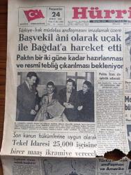 Hürriyet Gazetesi - Turkish Newspaper - 24 Şubat 1955 - başvekil Adnan Menderes ani olarak uçak ile bağdat'a hareket etti - Türkiye Irak müdafaa antlaşması - körler mektebine yerleştirilen Hüseyin Yalman'a hediye fotoğraf - Celal Bayar Lahorda fotoğraf - Yıldırım mahkemeleri kurulacak - Türkiye Irak antlaşması ve Amerika - Meclis Dahiliye Maliye ve Maarif bütçelerini müzakere ve kabul etti - Avrupa'da kış fotoğraf - Bir zelzele heyeti Çanakkale'ye gitti - arkadaşımız Ahmet ihsan'ın meslek hayatındaki 30. yılını hep beraber kutladık fotoğraf - İstanbul üniversitesi'nde boş 49 asistanlık var - Dedektif Nik'in maceraları çizgi roman - Gümrük ve İnhisarlar vekili Emin Kalafat'ın bir mektubu - İtalya'nın en meşhur karnavalı Gina Lollobrigida kağıttan heykeli geçiriliyor fotoğraf - hususi Dedektif bürosu kuruldu - Hürriyet haftanın karikatürü - İstanbul gazetecilerinin bahçeli ev ikramiyeli büyük eşya piyangosu - Fatoş karikatür - Güngörmüşler karikatür - Gökler hakimi Gordon karikatür