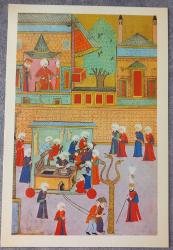 OSMANLI MİNYATÜR TEMALI BÜYÜK BOY KARTPOSTAL KONDİSYON YÜKSEK KOLEKSİYONLUK NADİR ÖLÇÜ = 15 X 22 CM KEBAPÇILAR LOCASI