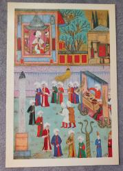 OSMANLI MİNYATÜR TEMALI BÜYÜK BOY KARTPOSTAL KONDİSYON YÜKSEK KOLEKSİYONLUK NADİR ÖLÇÜ = 15 X 22 CM KEBAPÇILAR LOCASI