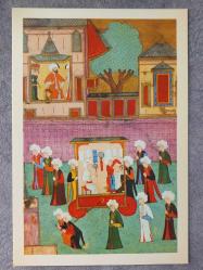 OSMANLI MİNYATÜR TEMALI BÜYÜK BOY KARTPOSTAL KONDİSYON YÜKSEK KOLEKSİYONLUK NADİR ÖLÇÜ = 15 X 22 CM SAATÇİLER VE TÜCCARLAR LOCASI