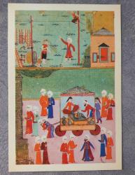 OSMANLI MİNYATÜR TEMALI BÜYÜK BOY KARTPOSTAL KONDİSYON YÜKSEK KOLEKSİYONLUK NADİR ÖLÇÜ = 15 X 22 CM KALAYCILAR  LOCASI