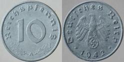 ALMANYA 10 PFENNİG 1942 A. İKİNCİ DÜNYA SAVAŞI NAZİ-HİTLER DÖNEMİ. GAMALI HAÇ. ÇİNKO.