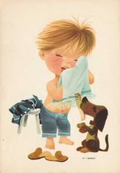 ESKİ DÖNEM ÇİZİM KARİKATÜR ERKEK ÇOCUK VE KÖPEK GÖRSELLİ NADİR KARTPOSTAL