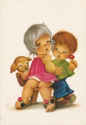 ESKİ DÖNEM ÇİZİM KARİKATÜR ÇOCUKLAR VE KÖPEK GÖRSELLİ NADİR KARTPOSTAL