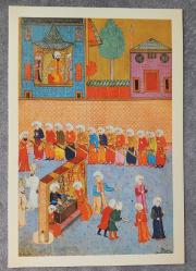 OSMANLI MİNYATÜR TEMALI BÜYÜK KARTPOSTAL KONDİSYON YÜKSEK KOLEKSİYONLUK NADİR ÖLÇÜ = 15 X 22 CM KOŞUMCULAR LOCASI