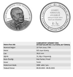 Alparslan Türkeş Cumhuriyet Dönemi Türk Siyasetçileri No.3 Hatıra Parası Gümüş (Sertifikalı) Darphane