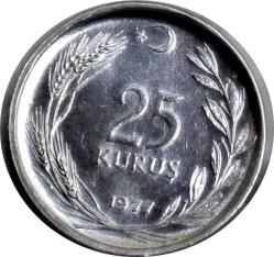 Türkiye Cumhuriyet 1977 Yılı 25 Kuruş Kenar Yazısı Turaya Göre Ters  ÇİL (0270)