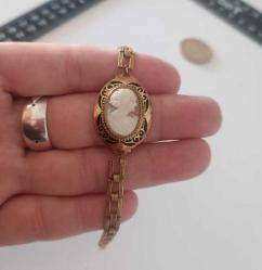 Antika Altın Kaplama Hakiki Shell Cameo Bileklik Bilezik.