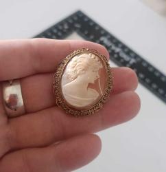 Antika Altın Kaplama Hakiki Shell Cameo Broş Kolye Ucu