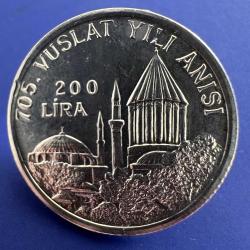 Türkiye, 830 Ayar Gümüş, Proof Baskı 200 Lira 1978. Mevlana’nın Vuslatının 705. Yılı, 9 Gr. (Bin Adedi Proof Olmak Üzere Toplam 11 Bin Adet Basılmıştır)