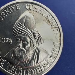 Türkiye, 830 Ayar Gümüş, Proof Baskı 200 Lira 1978. Mevlana’nın Vuslatının 705. Yılı, 9 Gr. (Bin Adedi Proof Olmak Üzere Toplam 11 Bin Adet Basılmıştır)