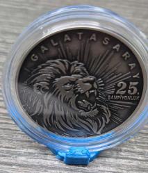 SERTİFİKALI, PLA Mini Stant Hediyeli, Galatasaray 25. Şampiyonluk Gümüş/Okside Hatıra Parası, 5 YILDIZ