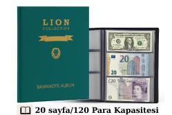 3Alp Koleksiyon Lion 120 Adet Kağıt Para Kapasiteli, 20 Sayfa Kağıt Para Albümü, Yeşil Renk