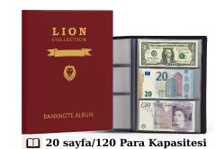 3Alp Koleksiyon Lion 120 Adet Kağıt Para Kapasiteli, 20 Sayfa Kağıt Para Albümü, Bordo Renk
