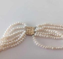 Vintage 14 Ayar Altın 6 Sıra  Örülmüş  Hakiki İnci Kolye Imperial World Kolye