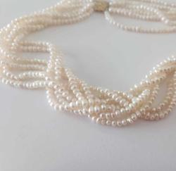 Vintage 14 Ayar Altın 6 Sıra  Örülmüş  Hakiki İnci Kolye Imperial World Kolye