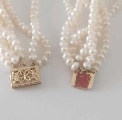 Vintage 14 Ayar Altın 6 Sıra  Örülmüş  Hakiki İnci Kolye Imperial World Kolye