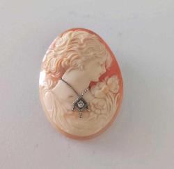 Antika Hakiki Shell Cameo 14 Ayar Beyaz Altın ve Pırlanta  Kolye veya Broş Yapılabilir (1)