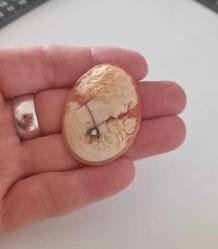 Antika Hakiki Shell Cameo 14 Ayar Beyaz Altın ve Pırlanta  Kolye veya Broş Yapılabilir (1)