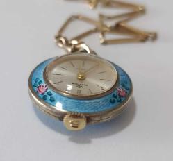 Retro BUCHERER Marka 800 Ayar Gümüş üzeri Guilloche Mineli  Mekanik Saat Kolye Ucu 17 Jewels