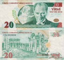 ** 8. EMİSYON 20 YTL E54 YENİ TÜRK LİRASI. Üst kenarda yarım cm yırtık ÇOK ÇOK TEMİZ(-)