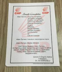 CHP GENEL BAŞKANI ALTAN ÖYMEN'İN 19 TEMMUZ 2000 TARİHLİ ÇORUM MİTİNGİ BROŞÜRÜ