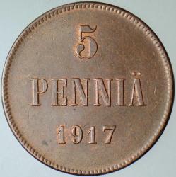 FİNLANDİYA 5 PENNİA 1917 RUSYA HAKİMİYETİ KERENSKY HÜKÜMETİ - İÇ SAVAŞ DÖNEMİ PARASI. ÇİLALTI(-)
