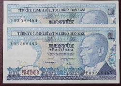 Türkiye Cumhuriyeti  7. Emisyon 2. Tertip 500 Lira Seri Takipli  E03 599484 - 85 ÇİL