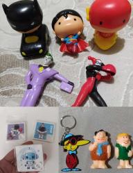 Nostalji vintage retro hobi reklam promosyon hobi koleksiyon. Batman joker Harley Quinn flash figür oyuncak set. Kaydırmalı sürtmeli mini plastik puzzle yapboz oyunu oyuncak set. TipiTip anahtarlık süs ve Fred Barni taş devri figür set