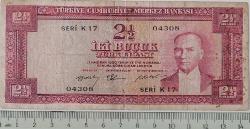 5.EMİSYON 2.TERTİP 2,5 TL İKİBUÇUK (2½) TÜRK LİRASI  SERİ K17 04308 SERİ NOLU NATÜREL ÇOK TEMİZ KAĞIT PARA NADİRDİR