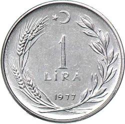 Türkiye Cumhuriyeti 1977 Yılı 1 Lira Kenar Yazısı Turaya Göre Düz   (0344)