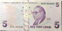 LOT.15 » TC 9. Emisyon 5 Lira *B001 Serisi Çil !Nadir *