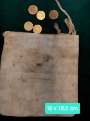 Osmanlı Bankası Altın Kesesi, Constantinople Osmanlı Bankası Para Torbası ve Replika Altın Paralar. 18 x 18,5 cm.