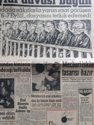 Yeni Sabah Gazetesi - Turkish Newspaper - 19 Ekim 1960 - 6 7 Eylül davası bugün - Dün Yassıadada sakıtlarla yarım saat görüşen avukatlar 6-7 Eylül dosyasını tetkik edemedi - Mükerrem Sarol'un annesi oğlu için suçluysa cezasını çeksin dedi - Sabiha Bozcalı'nın fırçasından 6 7 Eylül sanıkları Yüksek Adalet divanı önünde - Af kanunundan kimlerin istifade edeceği belli oldu - Anayasa projesi dün Milli Birlik Komitesine teslim edildi fotoğraf - Kral Hüseyin bugün Ankara'da - Adnan Menderes'in eski arkadaşı olan Mukaddes Vaner ifade verdi - köpek davası - Adnan Menderes'i yuhalayan Mehmet Ali Akben'i döven polis Ali kesiciler yargılandı - Cafer ile Hürmüz karikatür çizen Altan Erbulak - Hayk Hammer çizen Oğuz Aral - İstanbul sinema tiyatro programı - İstanbul Ankara Radyosu - kırık kalpler filmi başrollerde Muzaffer Tema ve Evrim Fer Aksaray Bulvar sinemasında - cephede piknik temsilinden bir sahne Fotoğraf - Genç Sanatçı Ayşe Savaşır fotoğraf - gol kralı Metin Oktay dün cezasını yarıladı