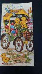 HEDİYE KARTPOSTALI - 15 x 10 cm EBADINDA -ARKASI YAZILI-  ARABADA CİVCİVLER VE RENKLİ PASKALYA YUMURTALARI ,KUŞ, ÇİÇEK GÖRSELLİ