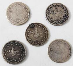 Osmanlı Son Dönem Sultan II.Abdülhamid-V.Mehmet Reşat Dönemi Gümüş 5 Kuruşlar 5 Adet..