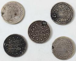 Osmanlı Son Dönem Sultan II.Abdülhamid-V.Mehmet Reşat Dönemi Gümüş 5 Kuruşlar 5 Adet..