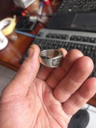 925 ayar ay yıldızlı  ve tuğra işlemeli13 geam erkek gümüş yüzük Çap 22 mm